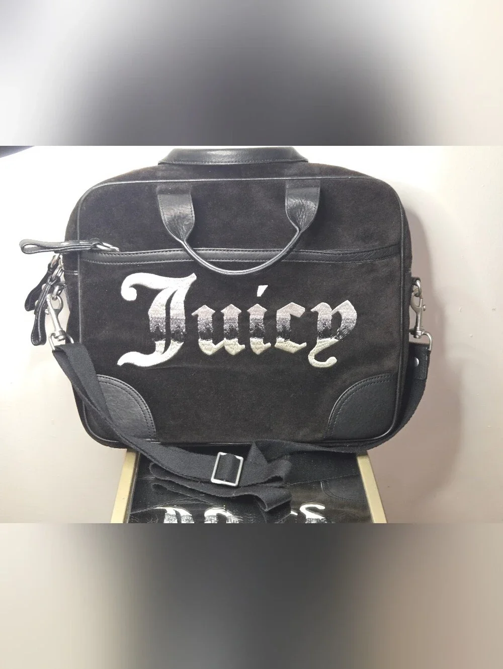 Vintage Y2K Juicy Couture Black Velour Leather Laptop Bag Messenger Briefcase